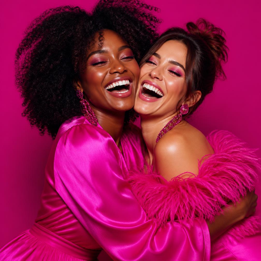 Two women in bold pink outfits embracing and laughing with joy
