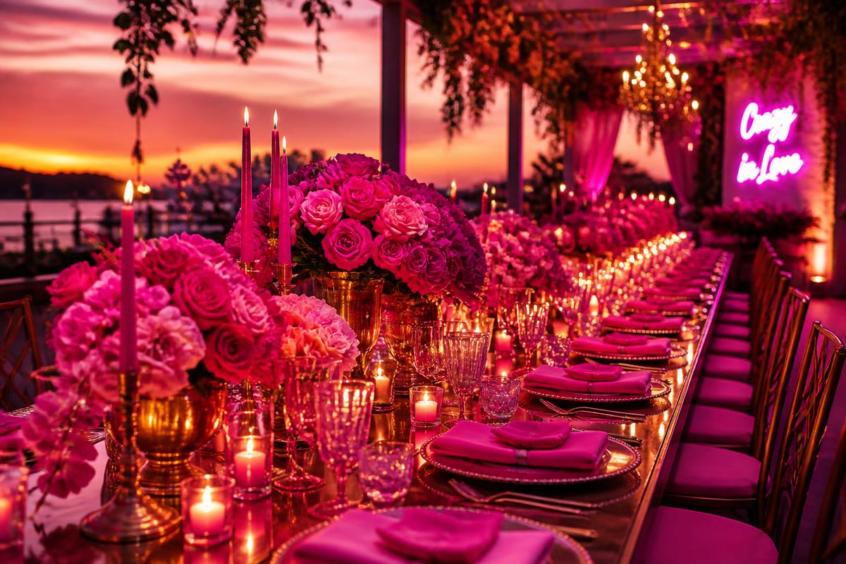 A long dinner table styled with hot pink florals, candles and glassware at sunset